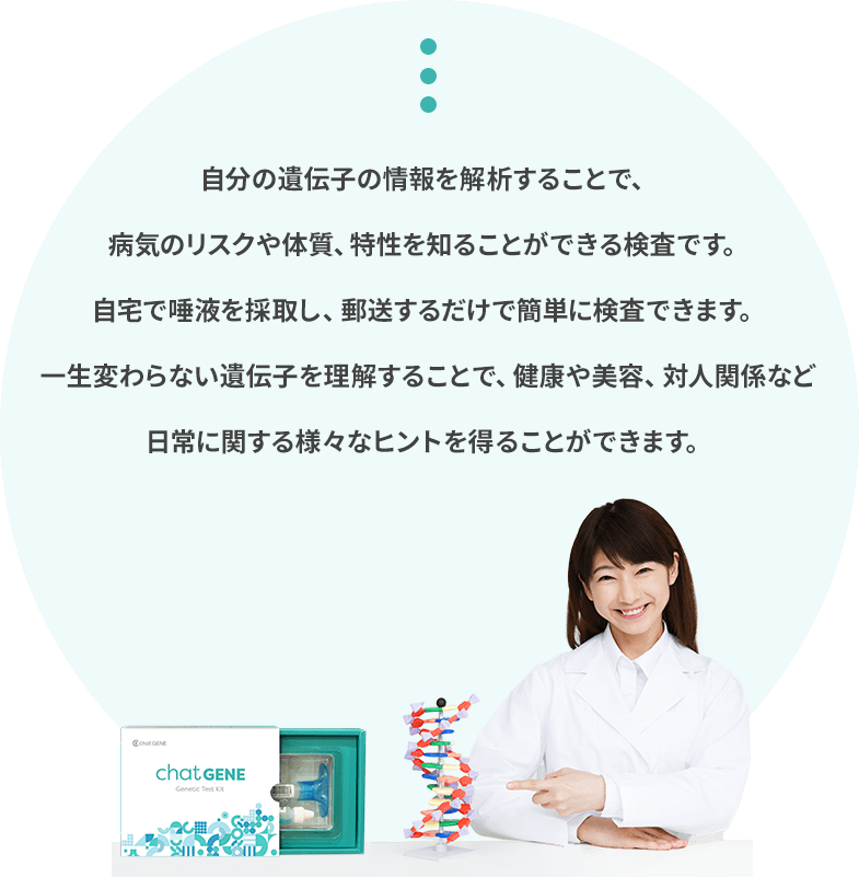 自分の遺伝子の情報を解析することで、病気のリスクや体質、特性を知ることができる検査です。自宅で唾液を採取し、郵送するだけで簡単に検査できます。一生変わらない遺伝子を理解することで、健康や美容、対人関係など日常に関する様々なヒントを得ることができます。