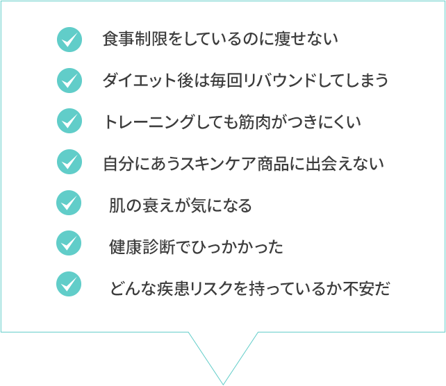 食事制限をしているのに痩せない ダイエット後は毎回リバウンドしてしまう トレーニングしても筋肉がつきにくい 自分にあうスキンケア商品に出会えない 肌の衰えが気になる 健康診断でひっかかった どんな疾患リスクを持っているか不安だ